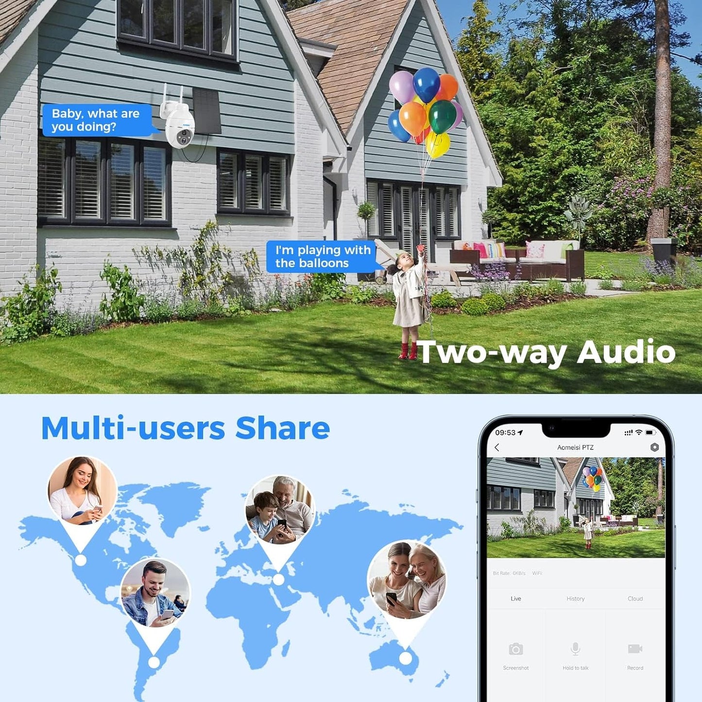 Aomeisi G2 Solar Security Camera Outdoor,360°View Pan/Tilt,Two-Way Audio,Easy to Setup,Audible Flashlight Alarm,Motion Alert,SD Slot Cloud Storage,Tech Support,Work with Alexa Google Home,CloudEdge