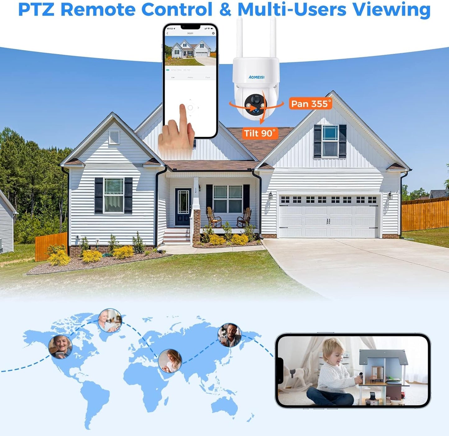 Aomeisi D2 Solar Security Camera Outdoor,360°View Pan/Tilt,Two-Way Audio,Easy to Setup,Audible Flashlight Alarm,Motion Alert,SD Slot Cloud Storage,Tech Support,Work with Alexa Google Home,CloudEdge