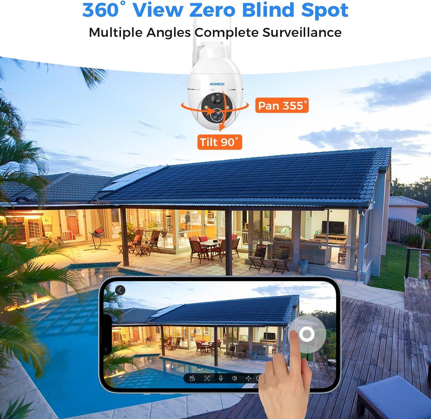 Aomeisi G2 Solar Security Camera Outdoor,360°View Pan/Tilt,Two-Way Audio,Easy to Setup,Audible Flashlight Alarm,Motion Alert,SD Slot Cloud Storage,Tech Support,Work with Alexa Google Home,CloudEdge