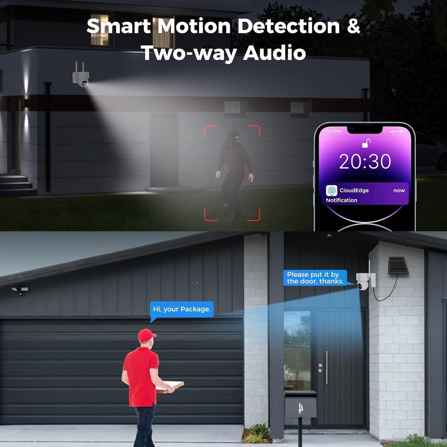 Aomeisi D2 Solar Security Camera Outdoor,360°View Pan/Tilt,Two-Way Audio,Easy to Setup,Audible Flashlight Alarm,Motion Alert,SD Slot Cloud Storage,Tech Support,Work with Alexa Google Home,CloudEdge