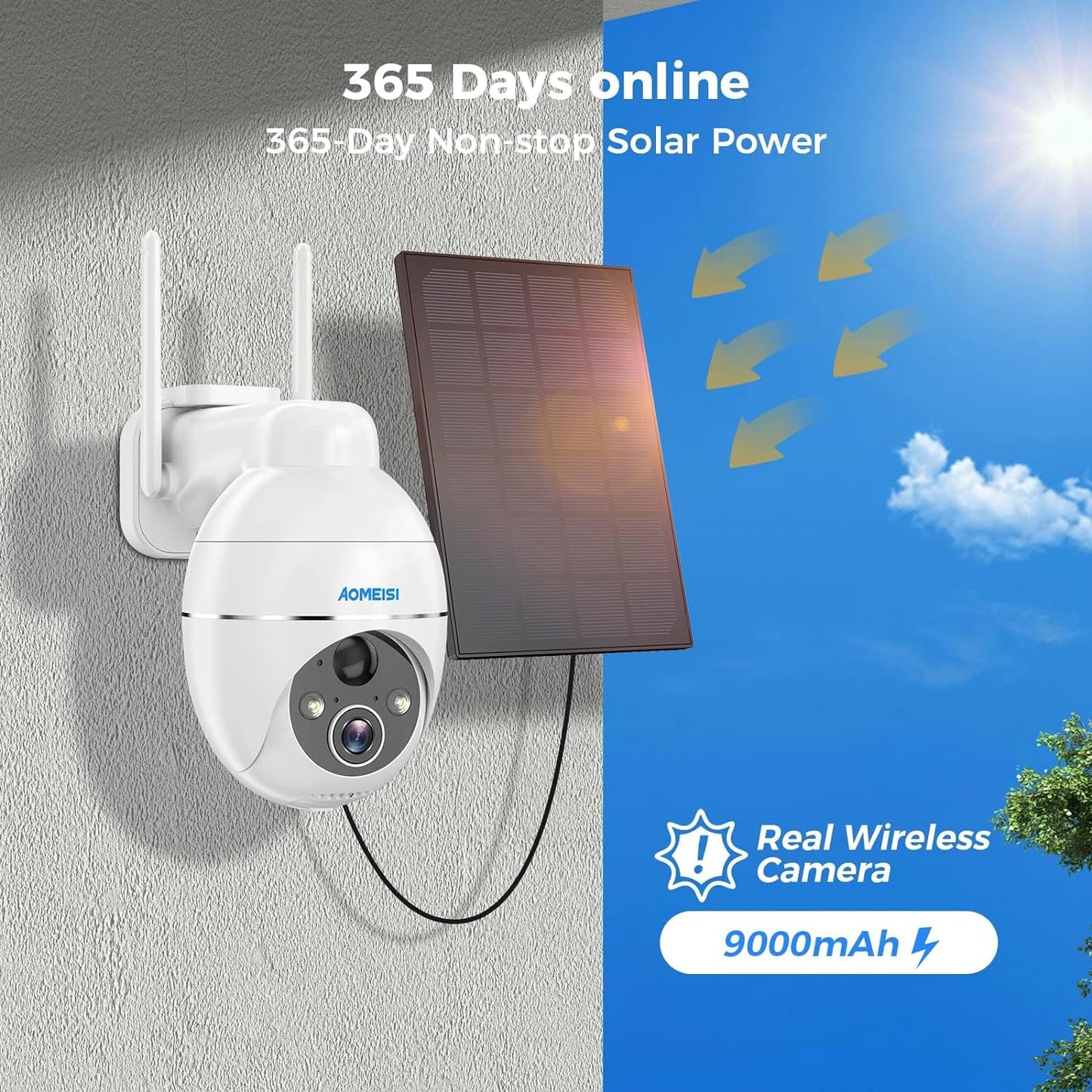 Aomeisi 2G2 Solar Security Camera Outdoor,360°View Pan/Tilt,Two-Way Talk,Easy to Setup,Audible Flashlight Alarm,Motion Alert,SD Slot Cloud Storage,Tech Support,Work with Alexa Google Home,CloudEdge